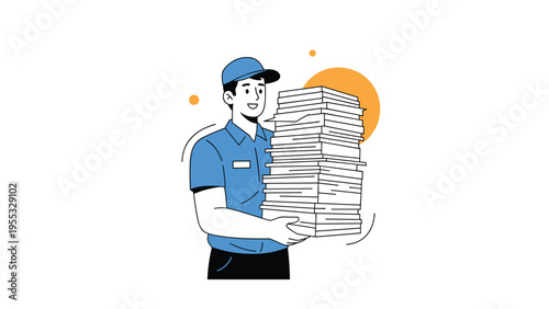Delivery man in blue uniform carrying a massive stack of paper documents or parcels for efficient office courier services.