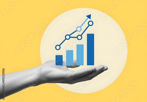 Hand holding a business growth chart with bar graph and trend line icon