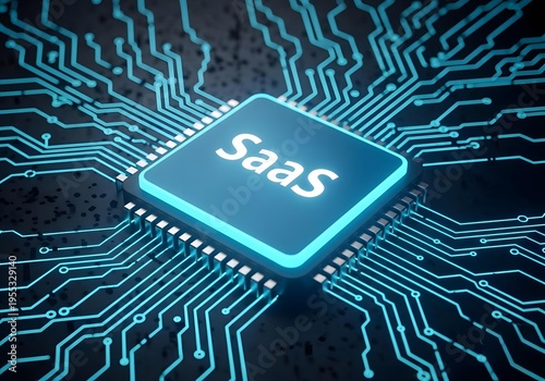 Saas software as a service concept with glowing chip and digital circuit board background