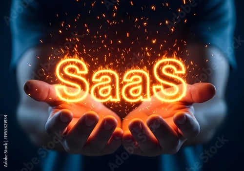 Conceptual image of a person holding the glowing word saas in their hands, representing software as a service technology and digital business innovation