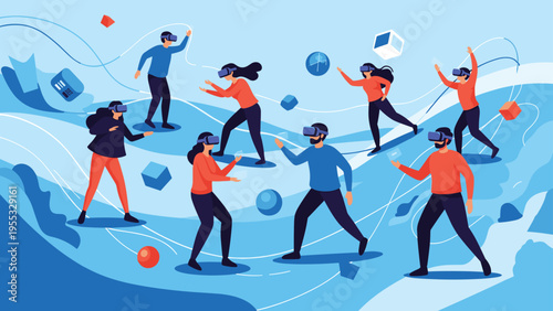 People in virtual reality headsets exploring a digital world with abstract shapes and futuristic technology concepts together.