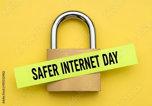 A metal padlock with a yellow sticky note that says safer internet day on a yellow background
