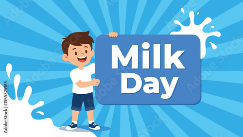 World milk day celebration banner with a happy boy holding a blue sign with milk splashes on a sunburst background design.