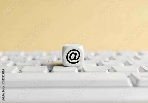 A white cube with an at symbol on it placed on a computer keyboard against a light yellow background