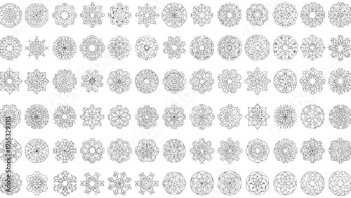 Collection of unique snowflake icons in different geometric shapes for winter season design elements on plain white background.