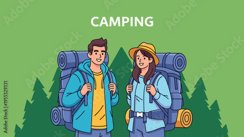 Young couple with backpacks going on a camping trip in a forest with green pine trees for an outdoor adventure weekend.