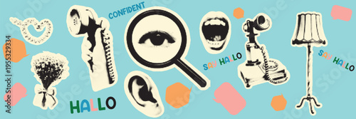 Halftone pop art dot magnifier eye ear microphone lamp flower bouquet speech bubble hello text communication elements vector illustration