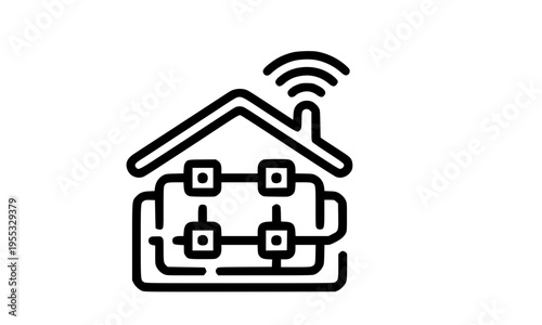 Smart home network router with WiFi signal and house outline icon on white background, representing wireless internet, home automation, connectivity, and IoT technology concept