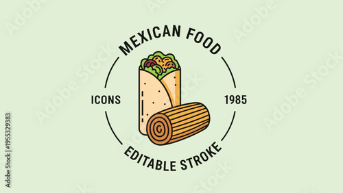 Mexican food restaurant logo featuring a burrito and taco in a circle with editable stroke for fast food cafe branding.