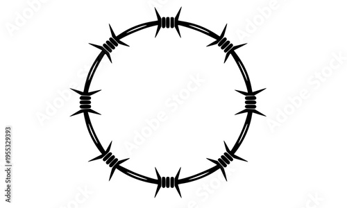 Circular barbed wire frame silhouette on white background, representing security, danger, prison border, military fence, and crown of thorns concept in bold black design
