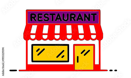 Colorful cartoon restaurant storefront with red awning and signboard on white background, representing cafe, bistro, food shop, and dining business facade in flat vector design