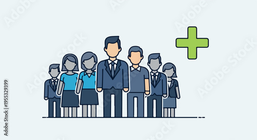 Professional recruitment flat line illustration, business team expansion with green plus symbol, hiring new employees for corporate growth