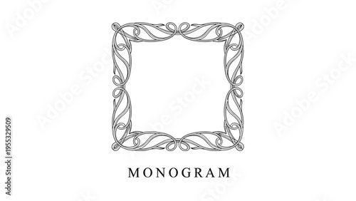 Decorative square monogram frame in black and white with ornate swirls for elegant professional branding and logo design.