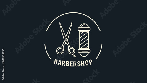 Barbershop logo with a pair of scissors and a barber pole in a circular frame on a dark navy blue background for salons.