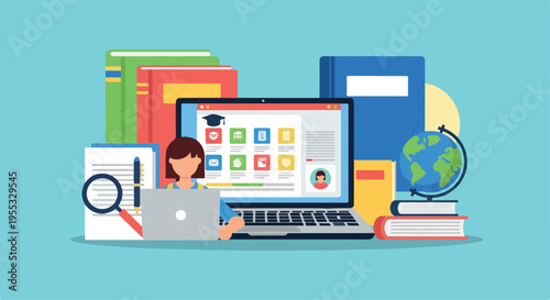 Online Learning Platform with Laptop, Books, and Student Vector Illustration