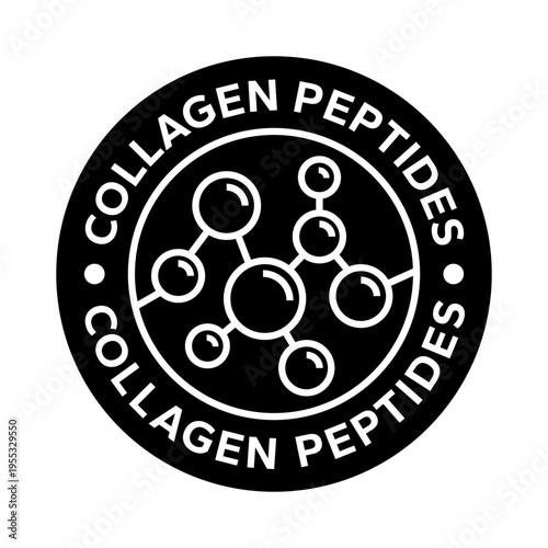 Collagen peptides icon set, logo, badge, symbol, sign, sticker, label, symbol, black, flat vector, isolated illustration. Amino acid complex, body, skin, building, supplement, proteins, dietary icons.