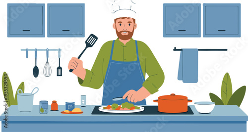 Happy male chef wearing apron and hat cooking healthy meal in modern kitchen with utensils flat vector illustration.