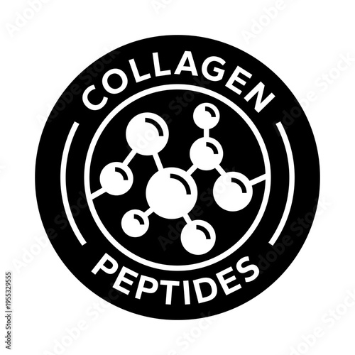 Collagen peptides icon set, logo, badge, symbol, sign, sticker, label, symbol, black, flat vector, isolated illustration. Amino acid complex, body, skin, building, supplement, proteins, dietary icons.