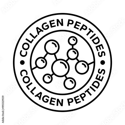 Collagen peptides icon set, logo, badge, symbol, sign, sticker, label, symbol, black, flat vector, isolated illustration. Amino acid complex, body, skin, building, supplement, proteins, dietary icons.