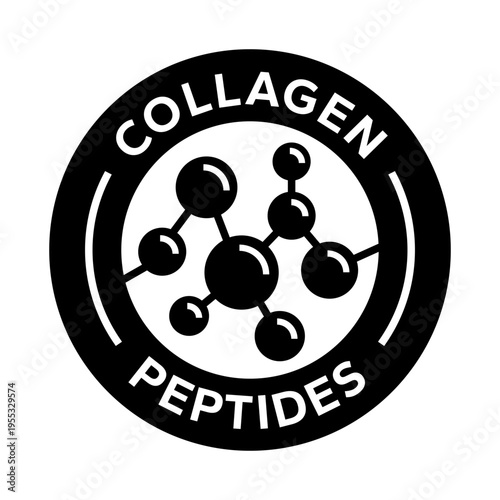 Collagen peptides icon set, logo, badge, symbol, sign, sticker, label, symbol, black, flat vector, isolated illustration. Amino acid complex, body, skin, building, supplement, proteins, dietary icons.