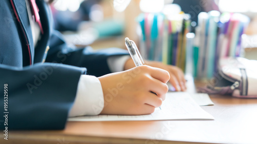 ノートに文字を書く男子高校生の手元