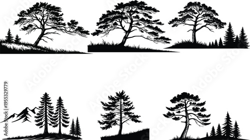 Collection of tree silhouettes in various landscapes with mountains and hills