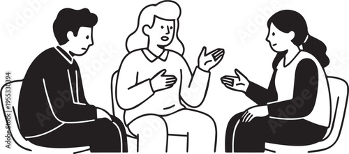 A black and white line art illustration showing three people sitting in a circle and having a productive group discussion isolated on transparent background