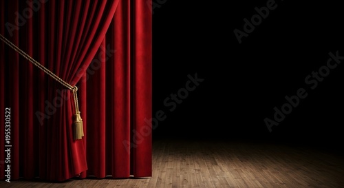 A dramatic sweep of crimson velvet held by a golden cord reveals a dark, empty stage, serving as a powerful metaphor for the unveiling of truth and the transition into a new chapter