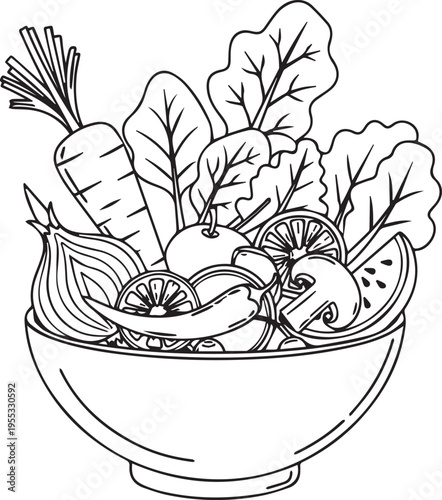A detailed black and white coloring page featuring a healthy bowl filled with fresh vegetables and fruits for kids to enjoy isolated on transparent background