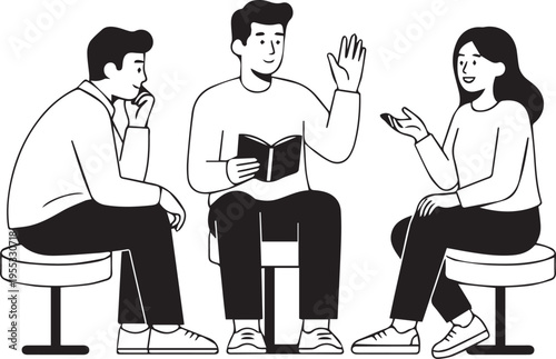 A minimalist black and white illustration of three young people sitting together and having an engaging group discussion isolated on transparent background