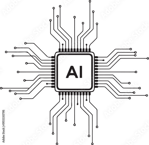 A minimalist black and white graphic design featuring a computer processor chip with the letters ai in the center of the icon isolated on transparent background