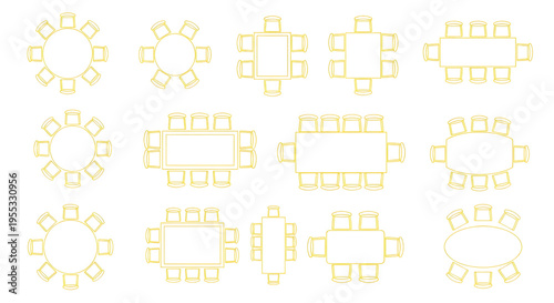 Dining Room Furniture Top View Vector Collection – Table Chair Layout Symbols for Interior Plans Yellow Outline