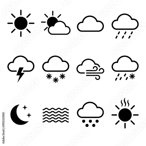 A versatile vector icon collection depicting essential weather conditions, ideal for design projects and for honoring World Meteorological Day, offering clear meteorological data visualization
