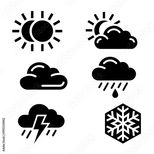 World Meteorological Day icons depicting various weather phenomena such as sun, clouds, rain, lightning, and snow