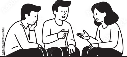 A group of three young people engaged in a serious and thoughtful discussion while sitting together in a simple line art style isolated on transparent background