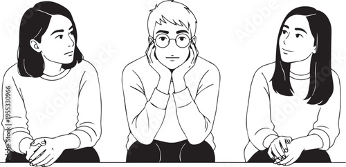 A minimalist black and white line art illustration featuring a young man sitting between two young women in a casual setting isolated on transparent background