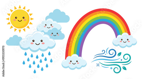 Celebrate World Meteorological Day! Cheerful vector illustration of weather elements sun, clouds, rain, rainbow, and wind. Ideal for educational graphics