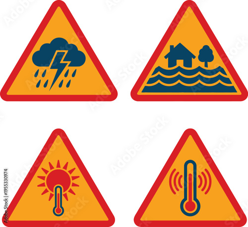 Global climate change and extreme weather warning signs for World Meteorological Day, depicting storms, floods, heatwaves, and temperature fluctuations, highlighting environmental concerns