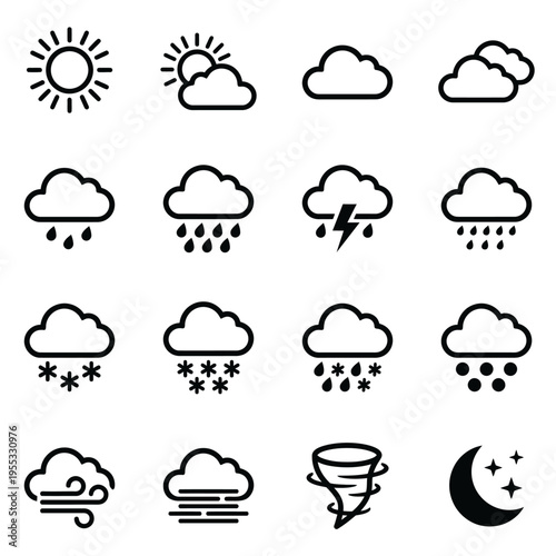 Modern weather icons illustrating diverse conditions like sun, clouds, rain, and wind, ideal for educational content, digital forecasts, and celebrating World Meteorological Day