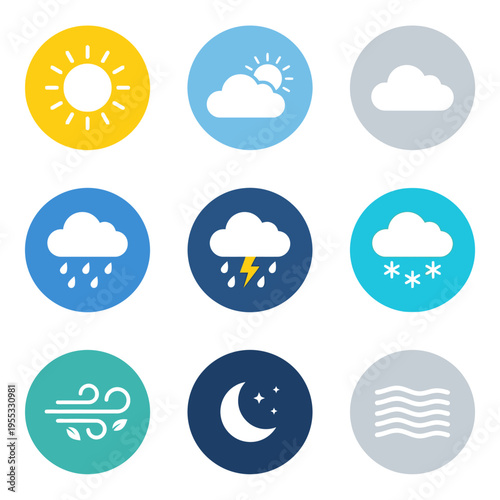 Essential weather icons for World Meteorological Day. This set illustrates sun, clouds, rain, snow, wind, and night conditions for clear daily forecasts