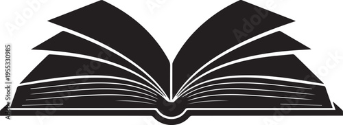 A minimalist black and white graphic illustration of an open book with visible pages isolated on a clean white background isolated on transparent background