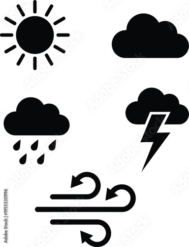 World Meteorological Day weather icons sun, clouds, rain, wind, lightning. Vector graphics for climate awareness and accurate forecasting visuals