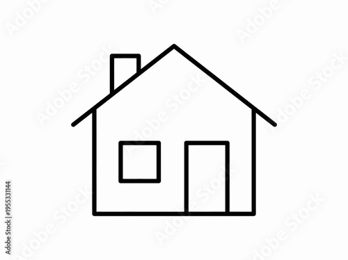 A minimal black and white line art illustration depicting a simple house icon with a chimney, a door, and a square window, symbolizing home, property, or real estate concepts