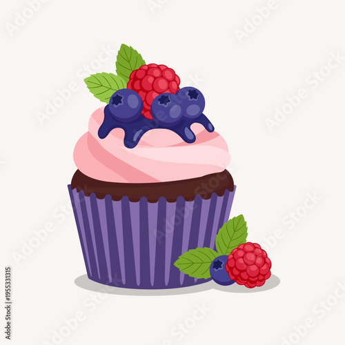 Sweet Berry Cupcakes with Fresh Strawberries, Raspberries, and Blueberries Illustration