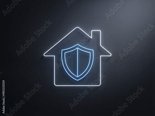 Blue neon house outline with a central shield icon, symbolizing robust home security, digital protection, and property safeguard against threats on a dark background