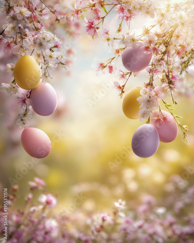 Pastel Easter eggs floating above colorful spring flower field with copy space
