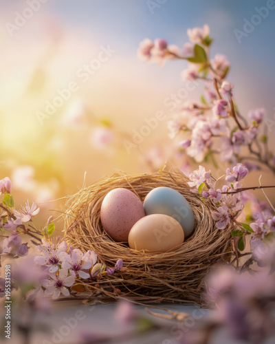 Bird nest holding pastel eggs on flowering spring branch, warm sunrise outdoor scene