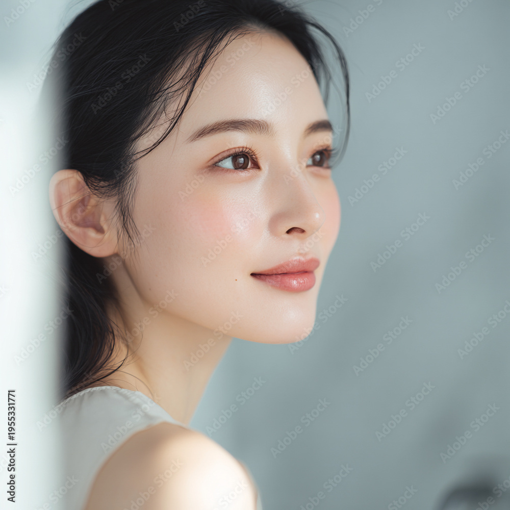 Fototapeta premium ツヤと透明感のあるきれいな肌の日本人女性のビューティポートレート