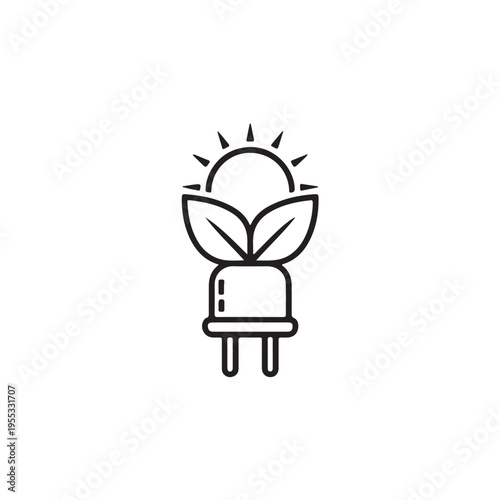 Minimalist green electricity logo showing plant leaves emerging from power plug under rising sun rays