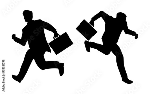 isometric of silhouette businessman running with a briefcase, rushing to work. concept of deadline, competition and business success